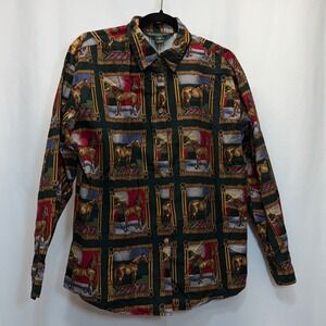 Bushwacker USA Womens Horse Print Button Down Shirt LS Blouse Medium Equestrian